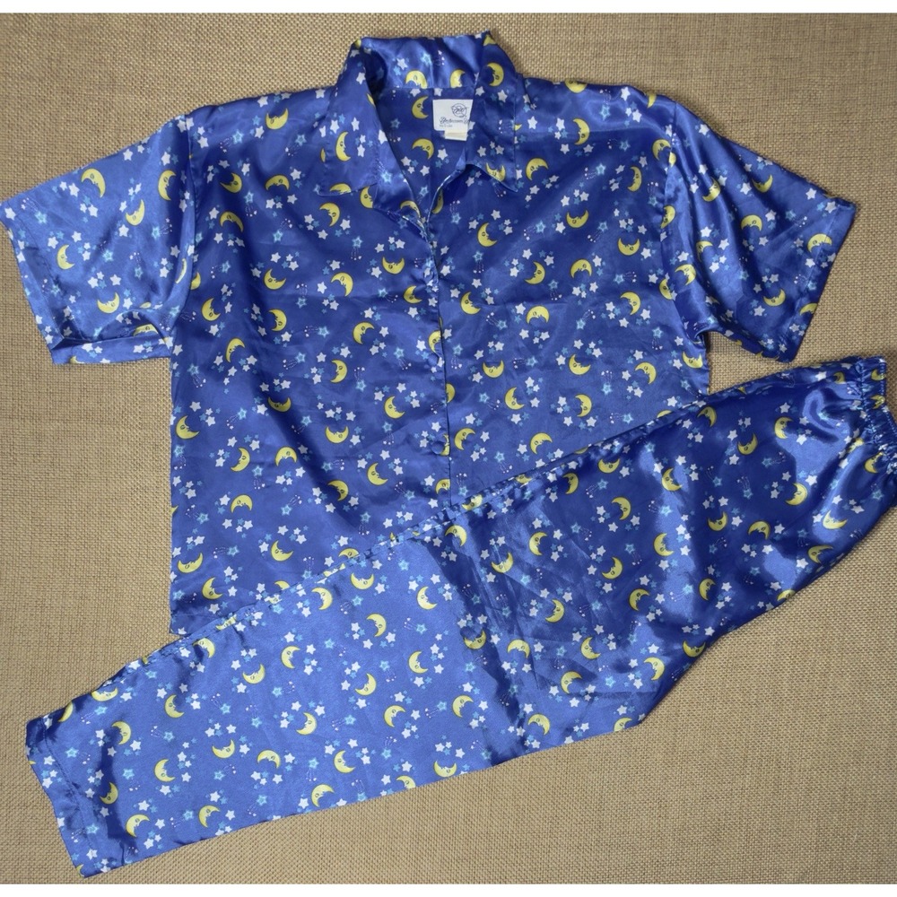 Vtg 90s Y2K 00s Celestial Satin Pajama Set Top Pants Blue Medium Moon Stars‎ Pjs